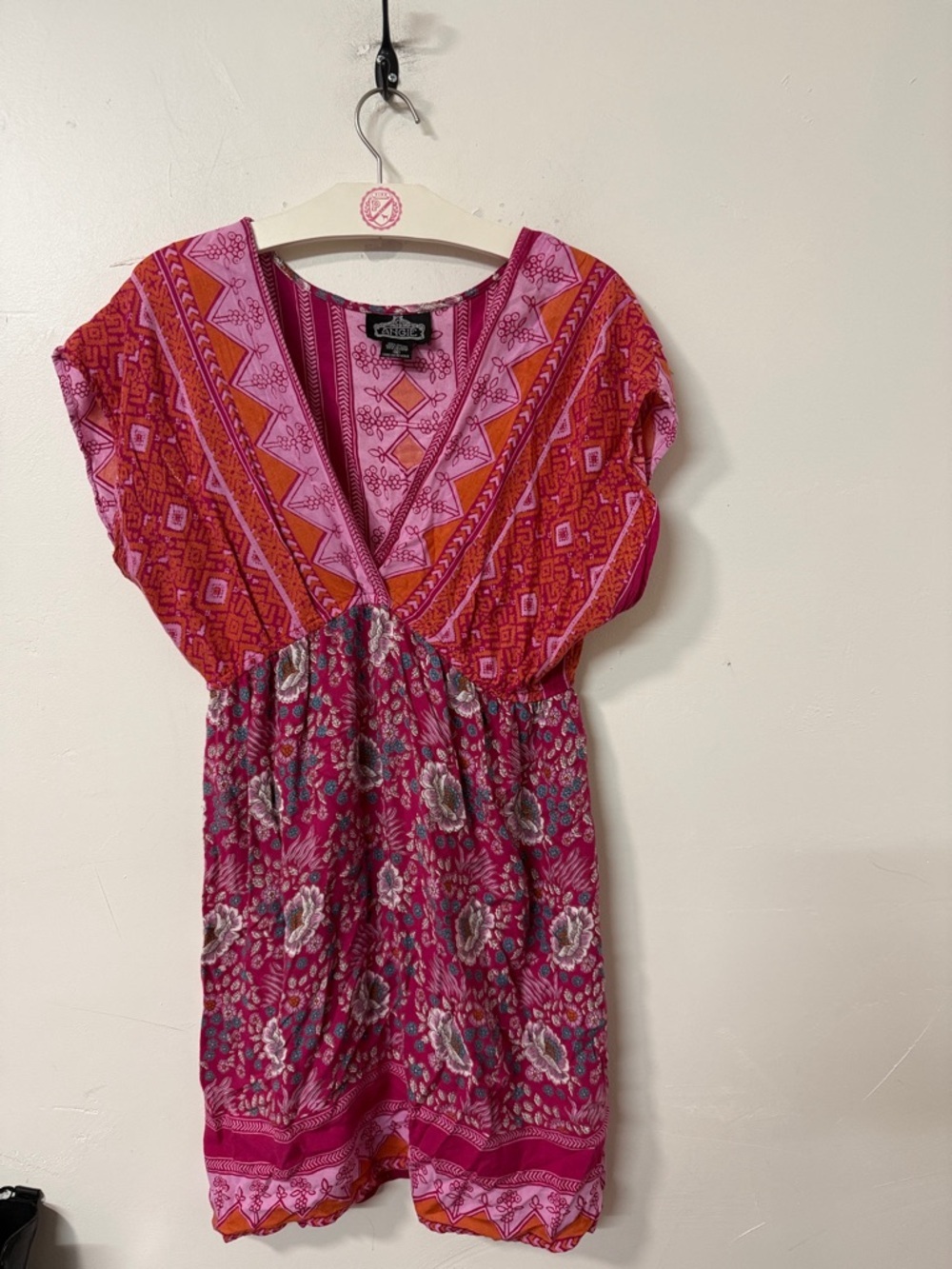 Angie Pink and Orange Printed V-Neck Boho Dress Y2K